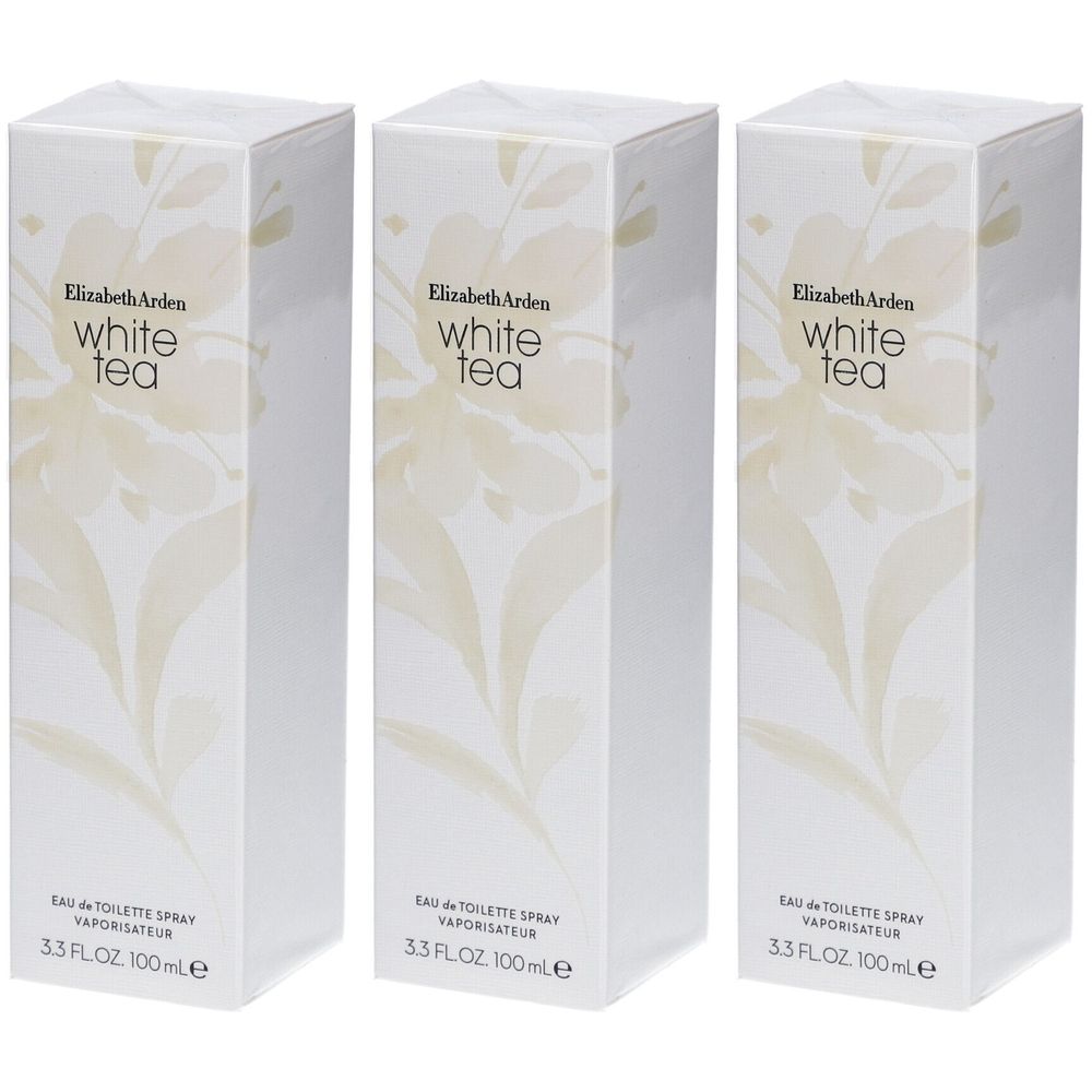 Trois boîtes rectangulaires. Inscription: Elizabeth Arden White Tea. Eau de Toilette Spray. 3.3 FL.OZ. 100ml. Motif floral beige.
