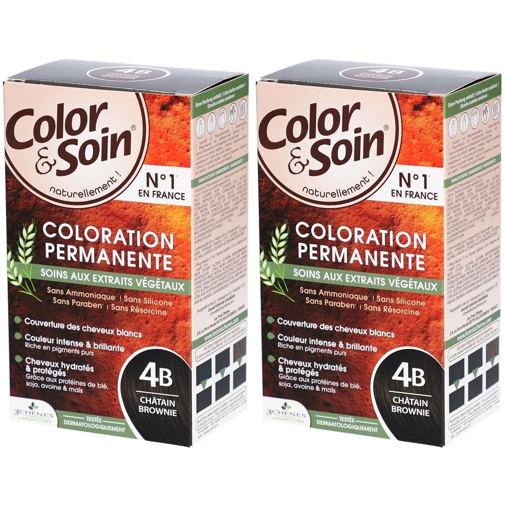 Twee dozen Color & Soin haarverf 4B. Opschrift: Color & Soin, Coloration Permanente, 4B Châtain Brownie.