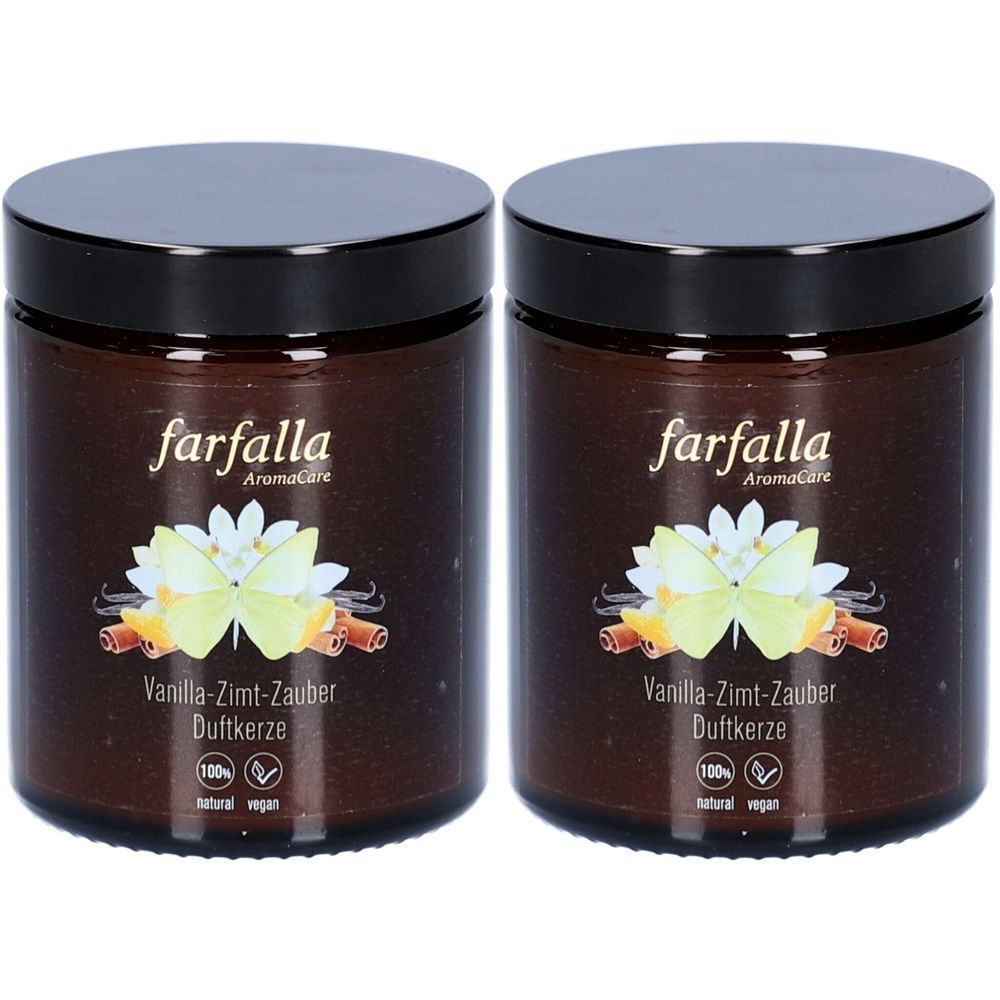 Deux pots bruns avec couvercles noirs. Inscription: farfalla AromaCare, Vanilla-Zimt-Zauber Duftkerze. 100% naturel végétalien.