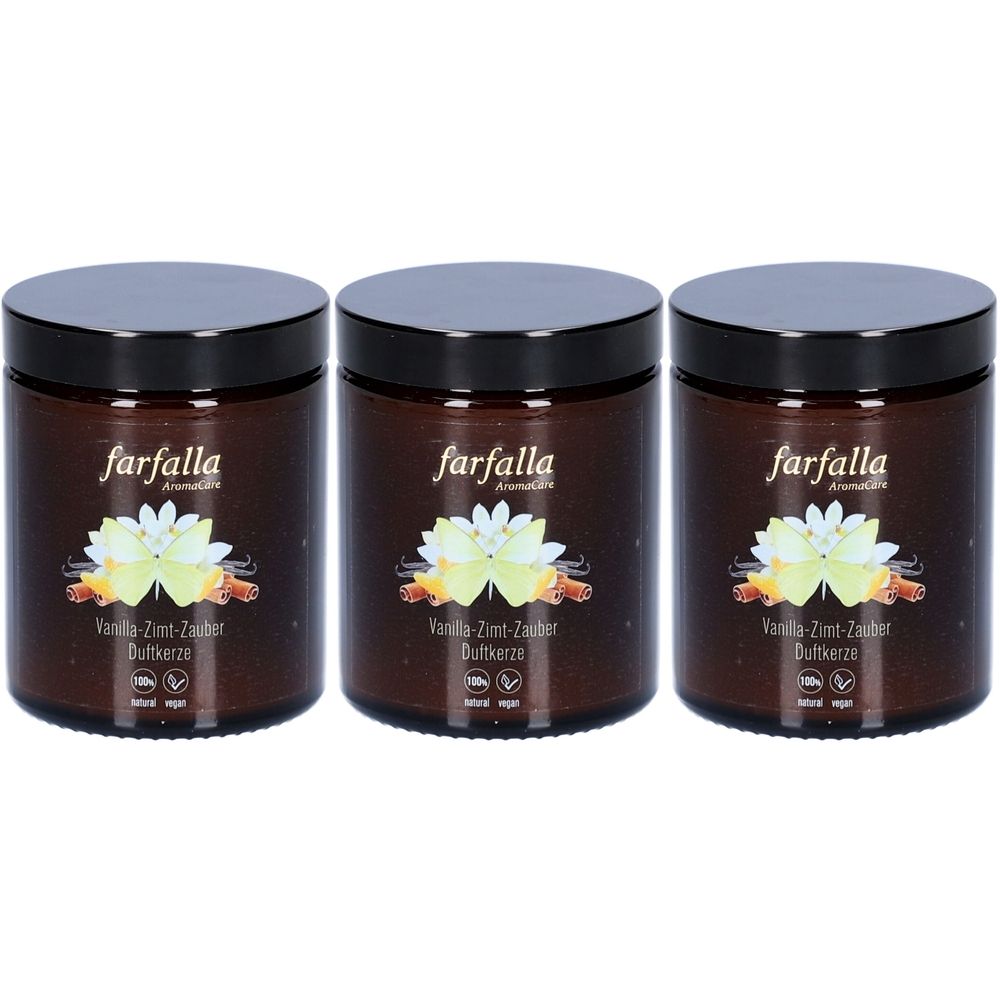 Trois pots bruns avec couvercles noirs. Chaque pot porte l'inscription "farfalla" et "Vanille-Zimt-Zauber Duftkerze".