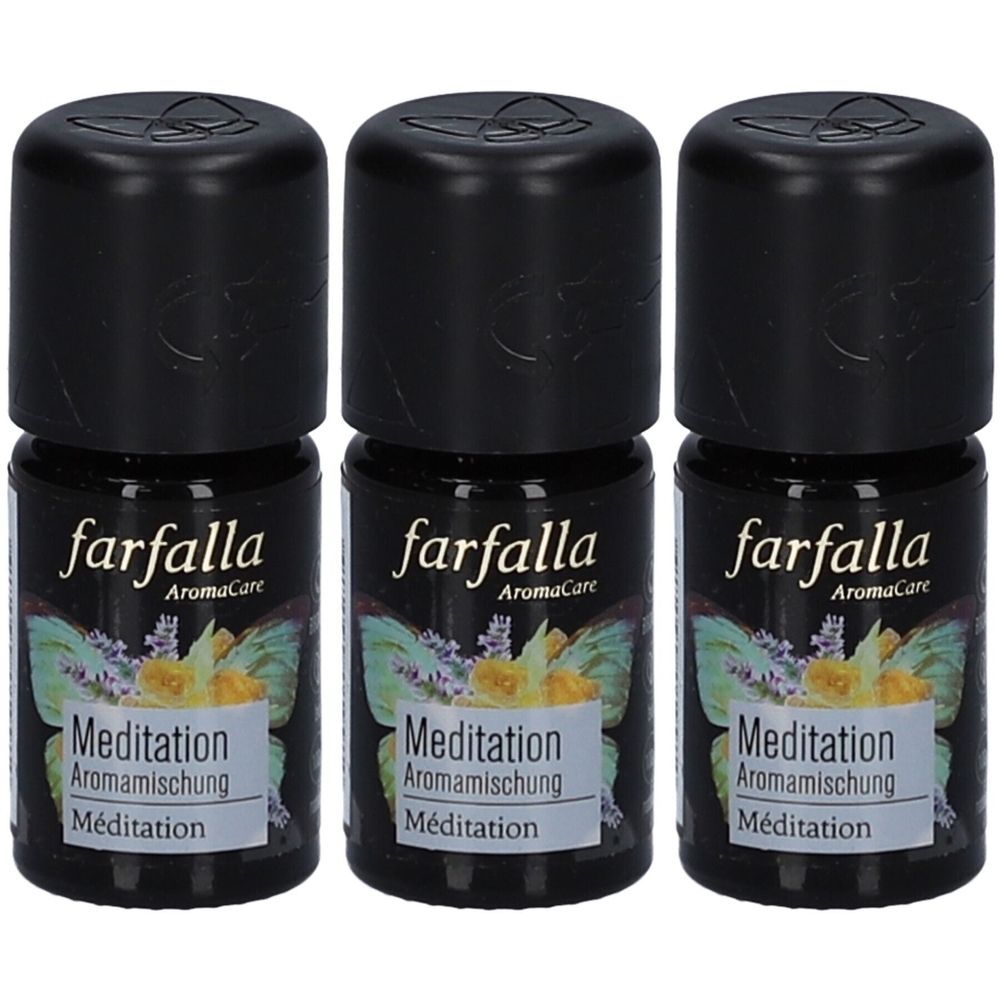 Trois petits flacons bruns avec des bouchons noirs. Les étiquettes indiquent "farfalla Meditation Aromamischung".