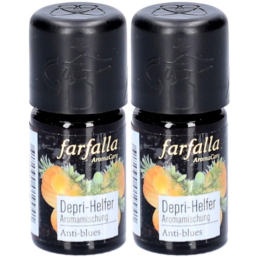 Twee kleine flesjes met zwarte dop. Opschrift: farfalla AromaCare, Depri-Helfer Aromamischung, Anti-blues.