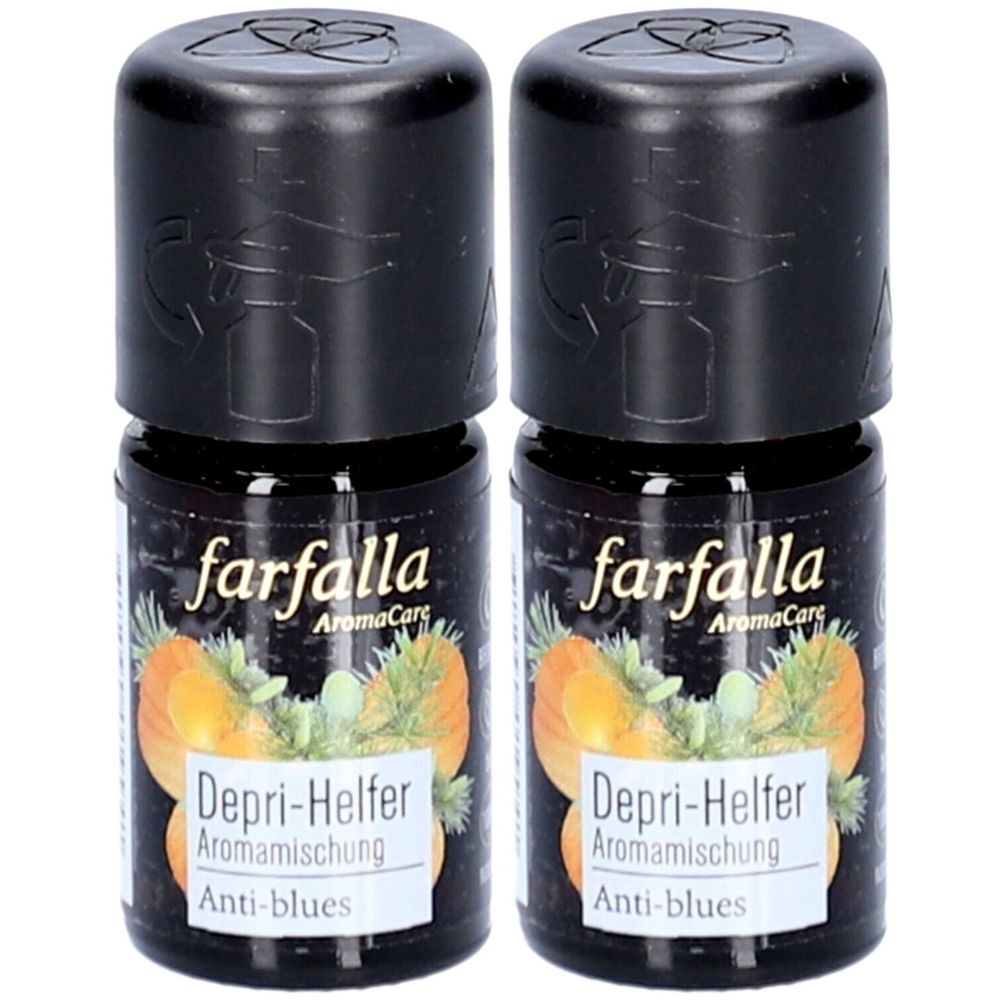Twee kleine flesjes met zwarte doppen. Labels met "farfalla AromaCare", "Depri-Helfer Aromamischung" en "Anti-blues".