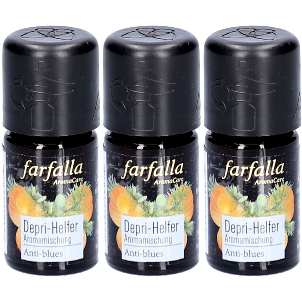 Drie kleine flesjes met zwarte dop. Labels: "farfalla AromaCare", "Depri-Helfer Aromamischung" en "Anti-blues".