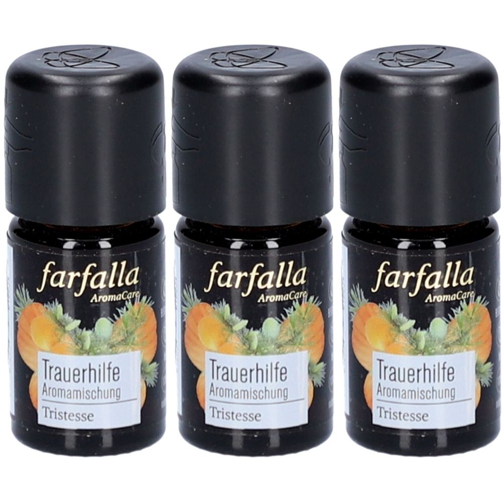 Trois petites bouteilles en verre brun avec des bouchons noirs. Les étiquettes indiquent "farfalla Trauerhilfe Aromamischung".