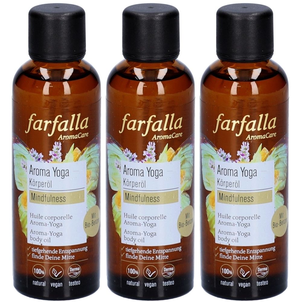 Drie bruine flessen met zwarte dop. Opschrift: Farfalla Aroma Yoga Körperöl, Mindfulness. Logo's: 100% natuurlijk, vegan, getest.