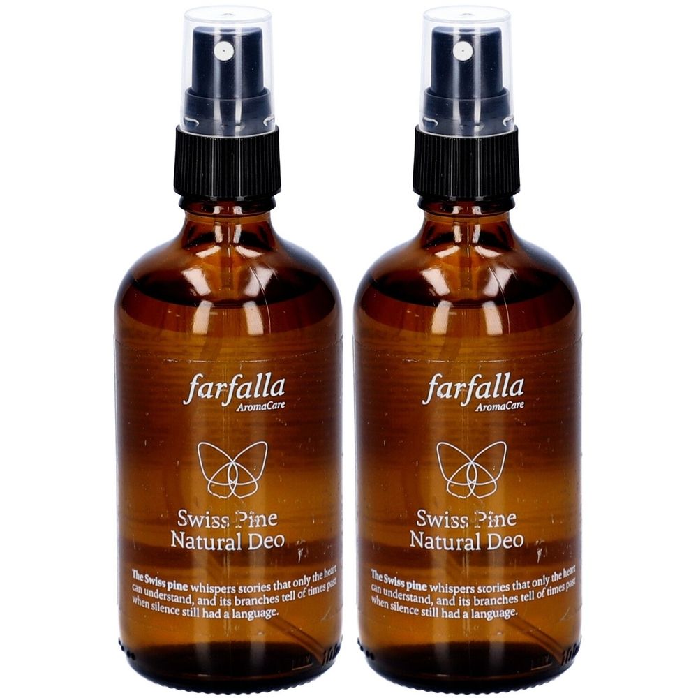 Twee bruine glazen flessen met verstuiver. Opschrift: Farfalla AromaCare, Swiss Pine Natural Deo. Tekst eronder.