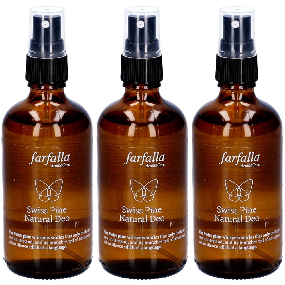 Drie bruine glazen flessen met verstuiver. Opschrift: Farfalla AromaCare, Swiss Pine Natural Deo. Tekst eronder.