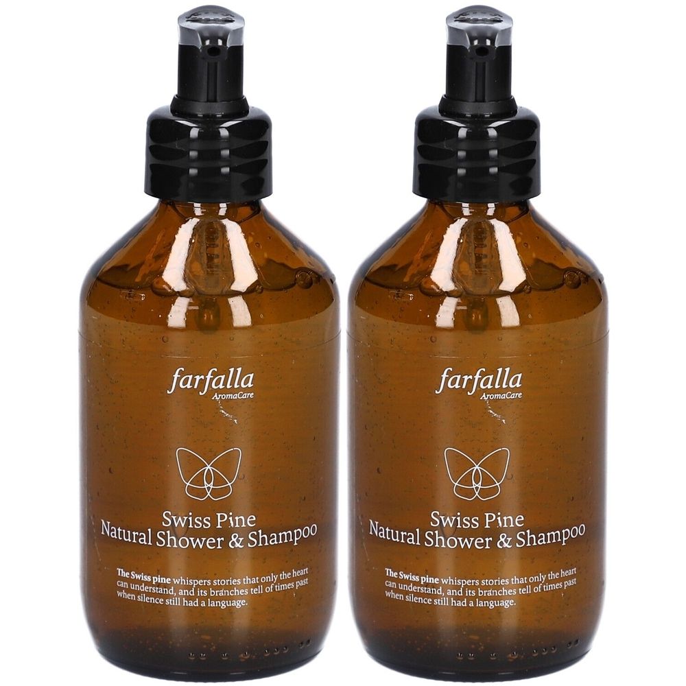 Deux flacons bruns avec pompes noires. Inscription: Farfalla Swiss Pine Natural Shower & Shampoo. Logo blanc.