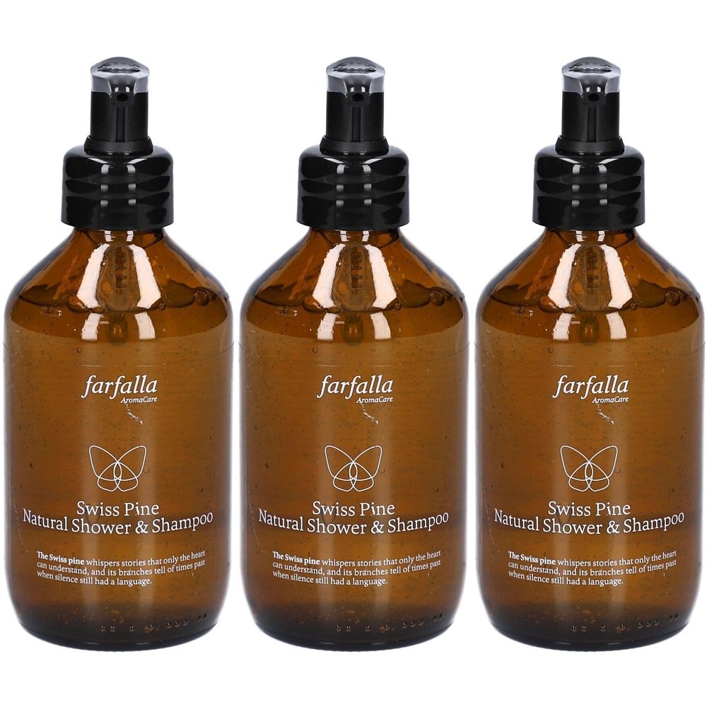 Drie bruine flessen met zwarte pompkop. Op elke fles staat "farfalla", "Swiss Pine Natural Shower & Shampoo".