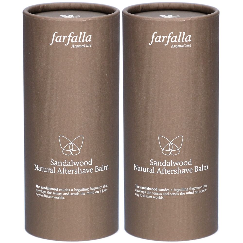 Deux contenants cylindriques. Inscription: farfalla AromaCare, Sandalwood Natural Aftershave Balm. Texte: Le bois de santal enveloppe les sens.