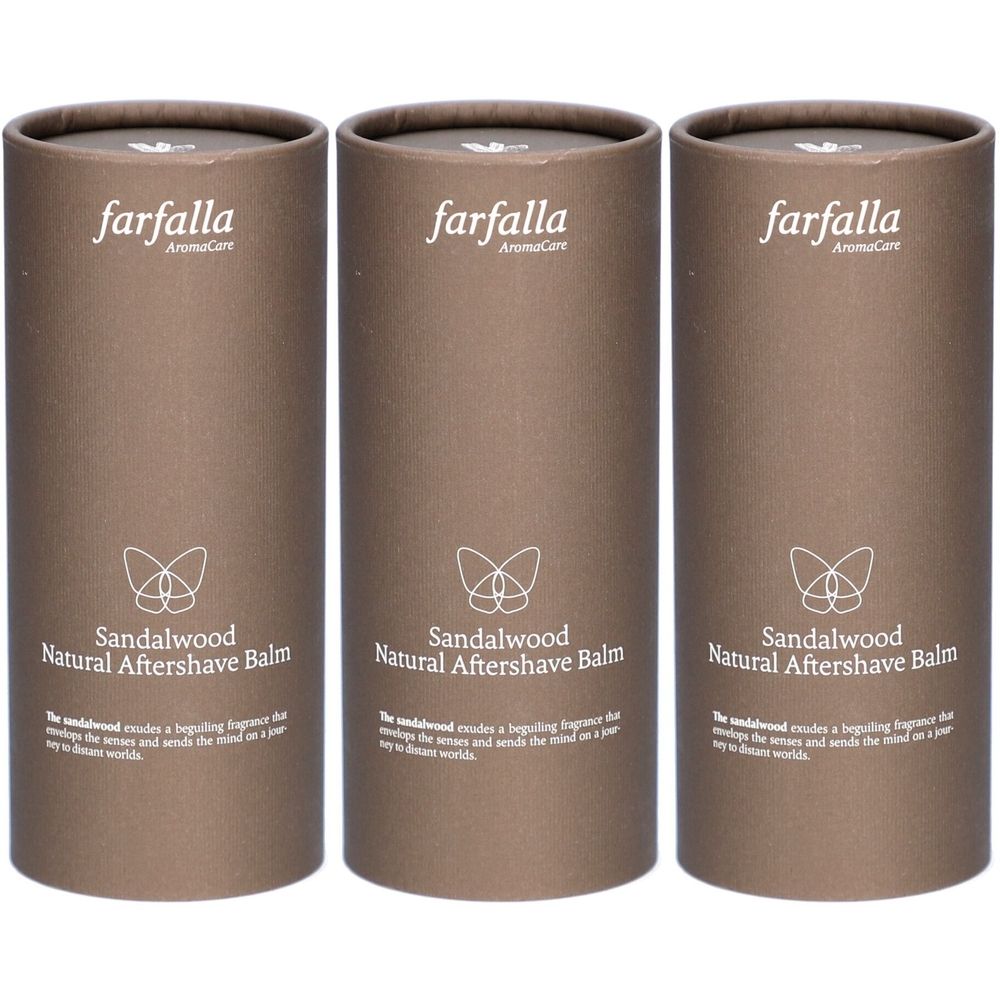 Drie cilindrische containers. Op elk staat "farfalla AromaCare", daaronder "Sandalwood Natural Aftershave Balm". Bruine verpakking.