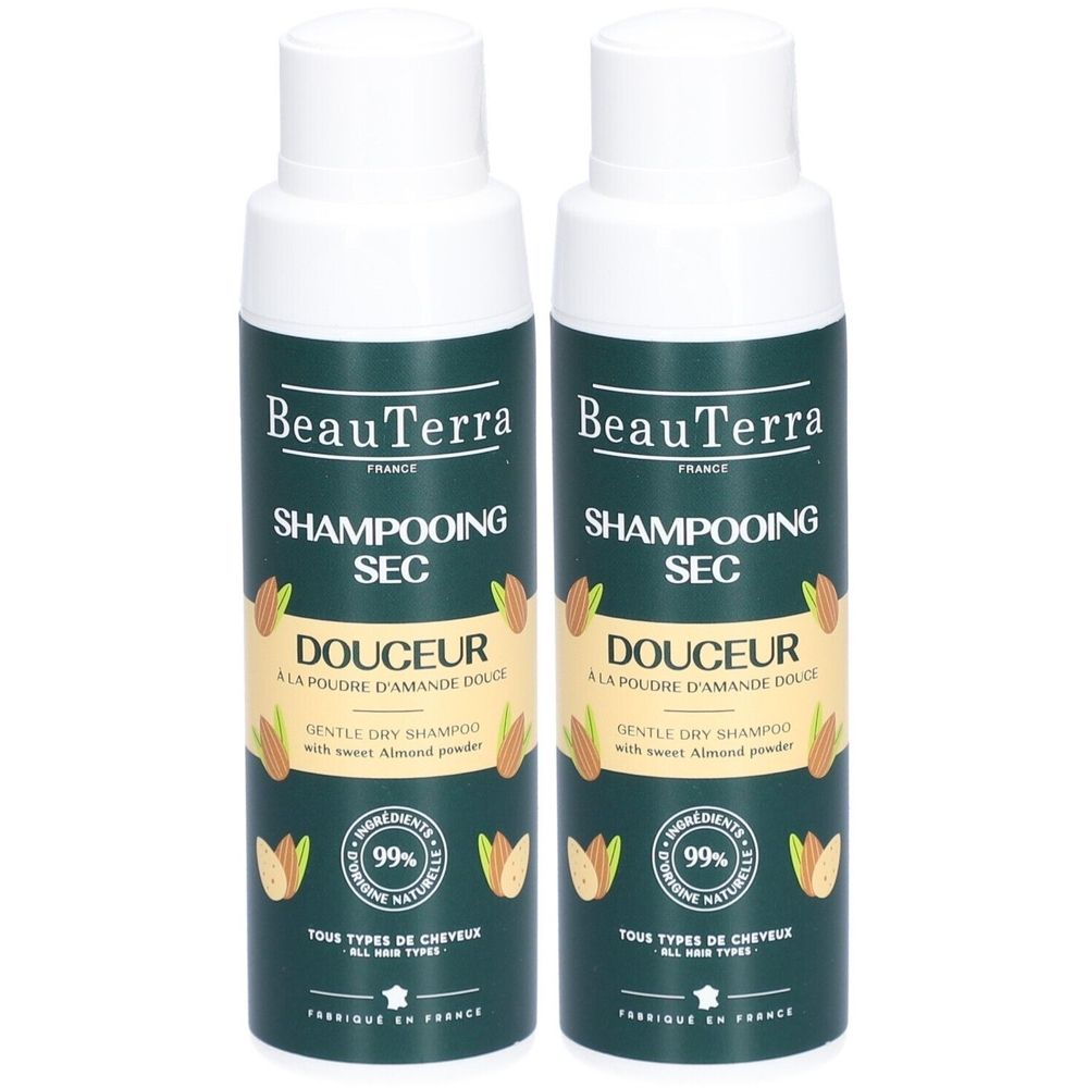Deux flacons de shampooing sec. Inscription: BeauTerra, Shampooing Sec, Douceur. Avec 99% d'ingrédients naturels. Pour tous types de cheveux.