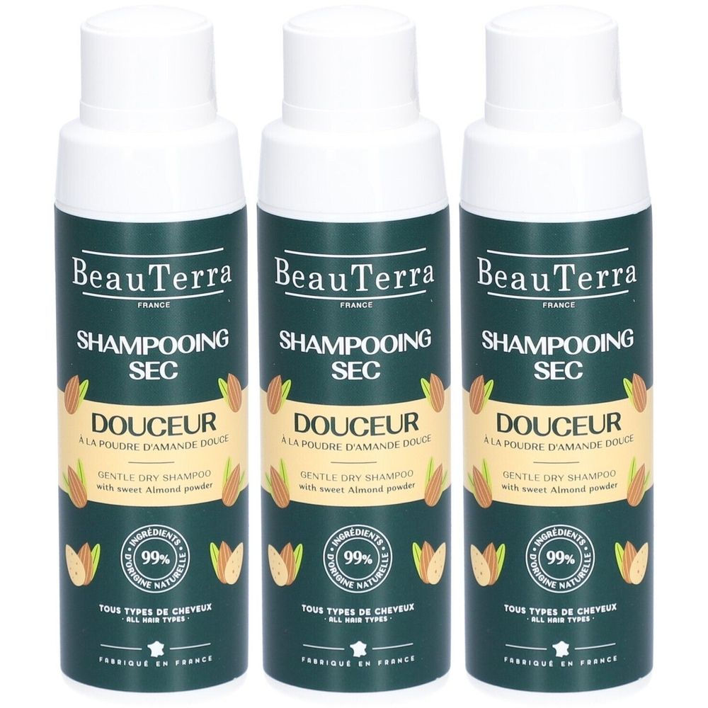 Trois flacons de shampooing sec. Emballage vert et blanc avec nom du produit et ingrédients. Illustrations d'amandes.
