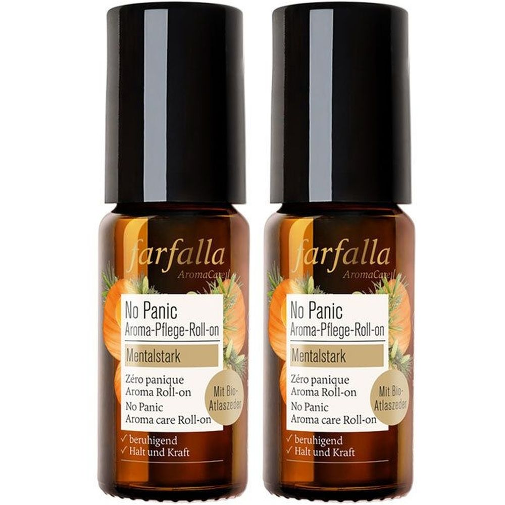 Deux flacons roll-on avec bouchon noir. Inscription : Farfalla, No Panic Aroma-Pflege-Roll-on, Mentalstark. Flacons en verre brun.