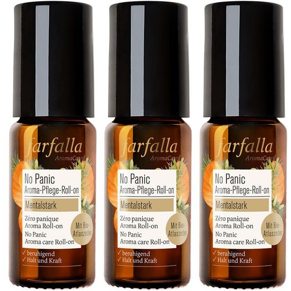 Trois flacons roll-on bruns avec bouchon noir. Inscription: Farfalla, No Panic, Aroma-Pflege-Roll-on, Mentalstark.