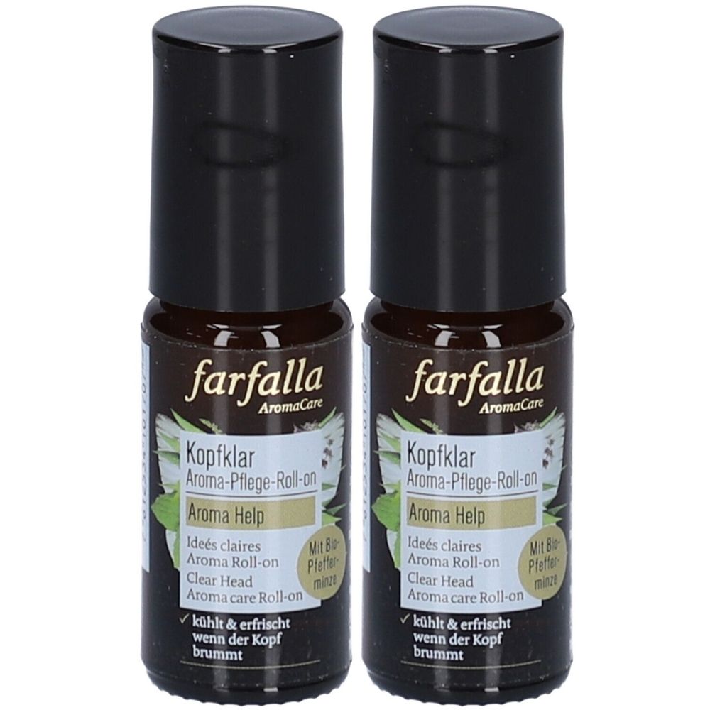 Twee roll-on flacons met zwarte dop. Opschrift: Farfalla Aroma Care, Kopfklar Aroma Help. Bevat pepermunt.