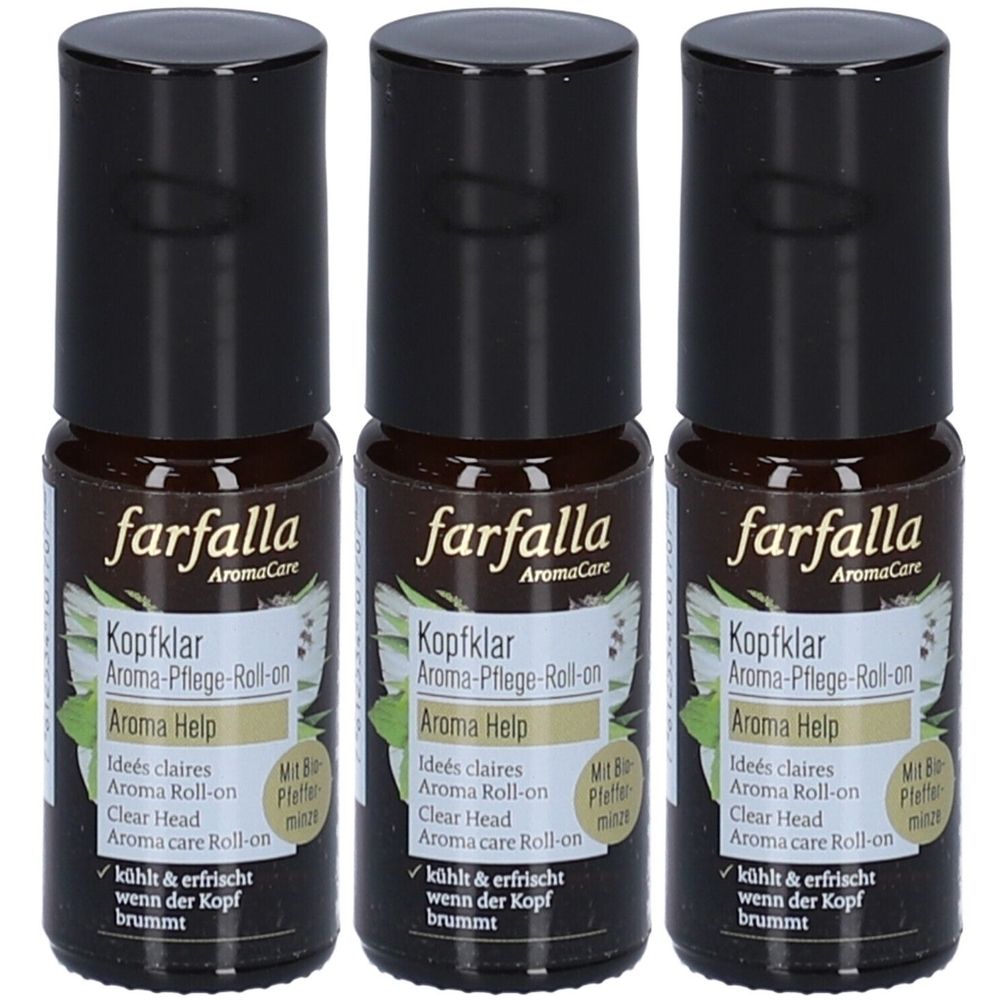 Drie roll-on flessen met zwarte dop. Opschrift: Farfalla AromaCare, Kopfklar Aroma Help. Tekst: verkoelt & verfrist.