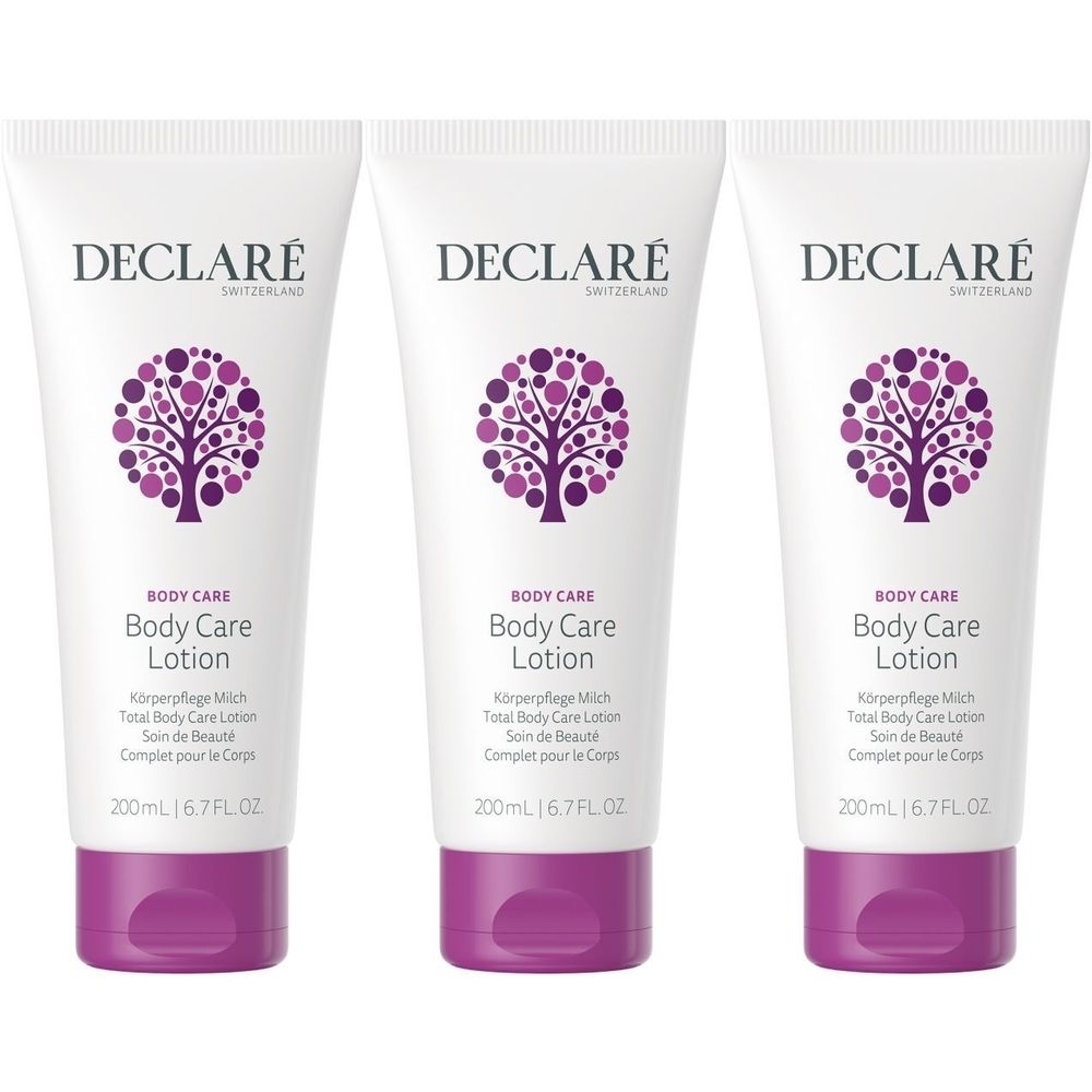 Drie tubes DECLARÉ Body Care Lotion. Witte tubes met paarse accenten en logo. Tekst: Body Care Lotion, 200ml.