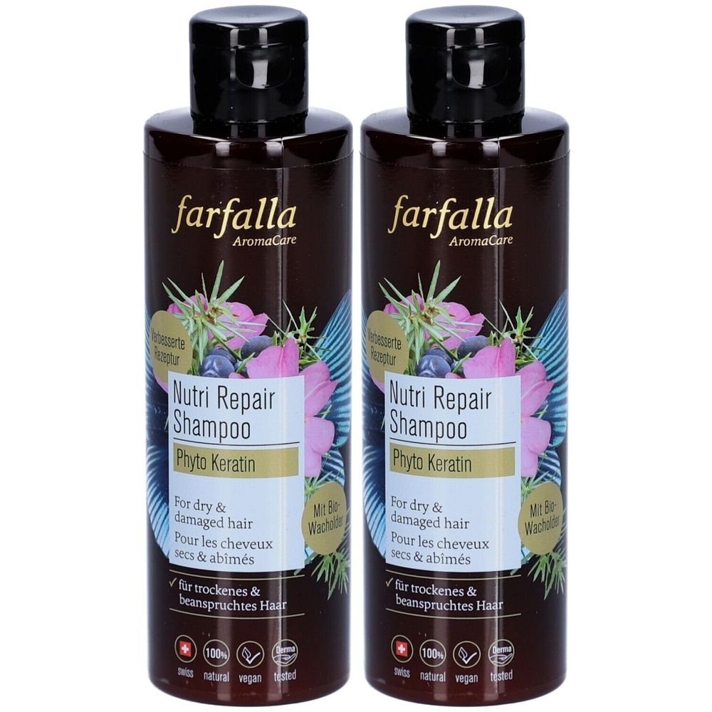 Deux flacons de shampooing marron avec bouchon noir. Inscription : Farfalla Nutri Repair Shampoo, Phyto Keratin. Pour cheveux secs et abîmés.