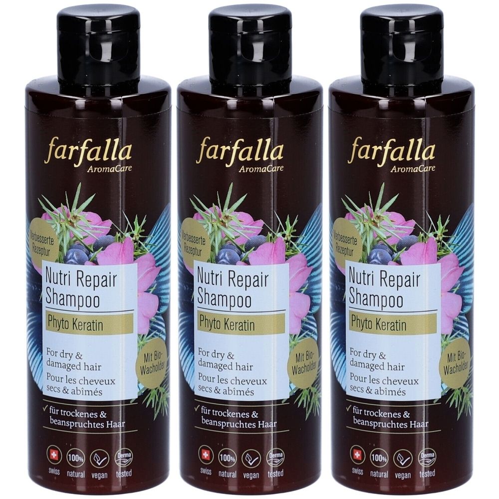Trois flacons de shampooing Farfalla Nutri Repair. Flacons bruns avec bouchons noirs. Inscription : Nutri Repair Shampoo, Phyto Keratin.