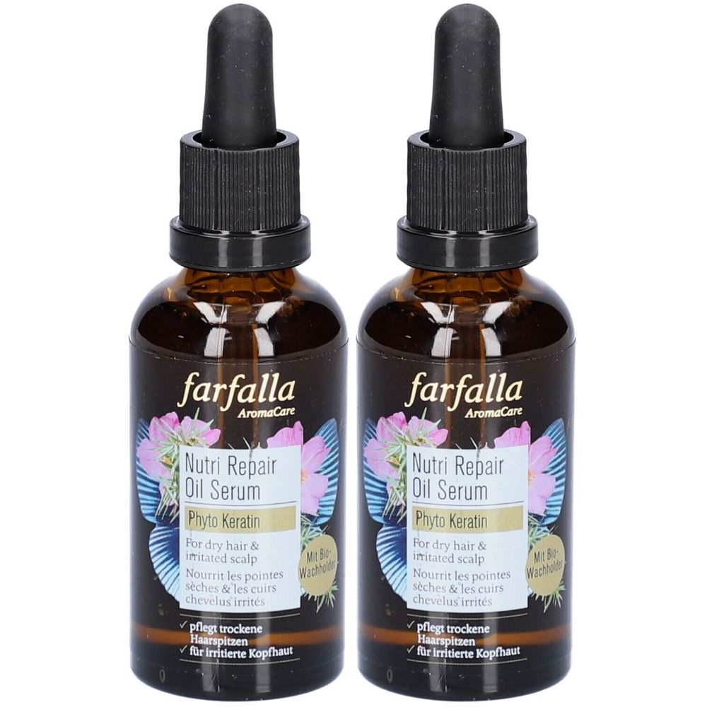 Twee bruine glazen flessen met zwarte pipetten. De etiketten tonen "farfalla Nutri Repair Oil Serum" en andere productinformatie.