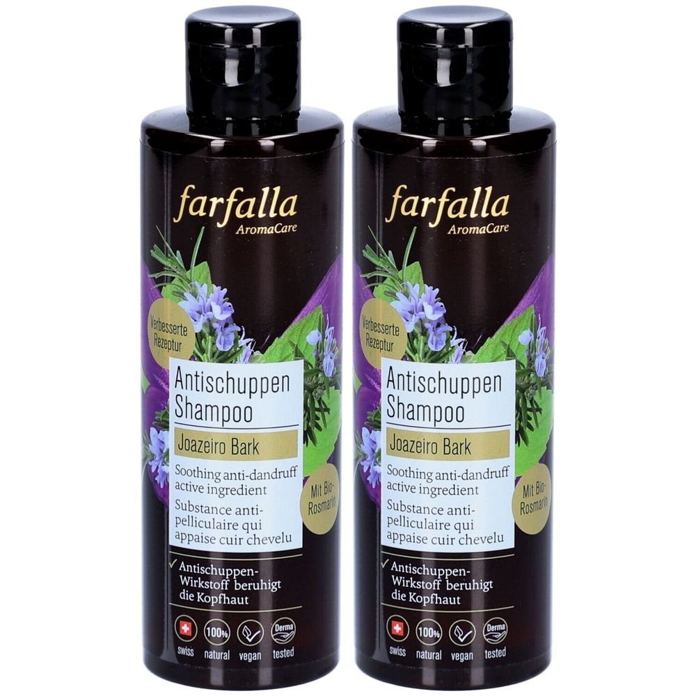Twee bruine flessen met zwarte doppen. Opschrift: Farfalla Antischuppen Shampoo Joazeiro Bark. Met bloemmotief en logo's.