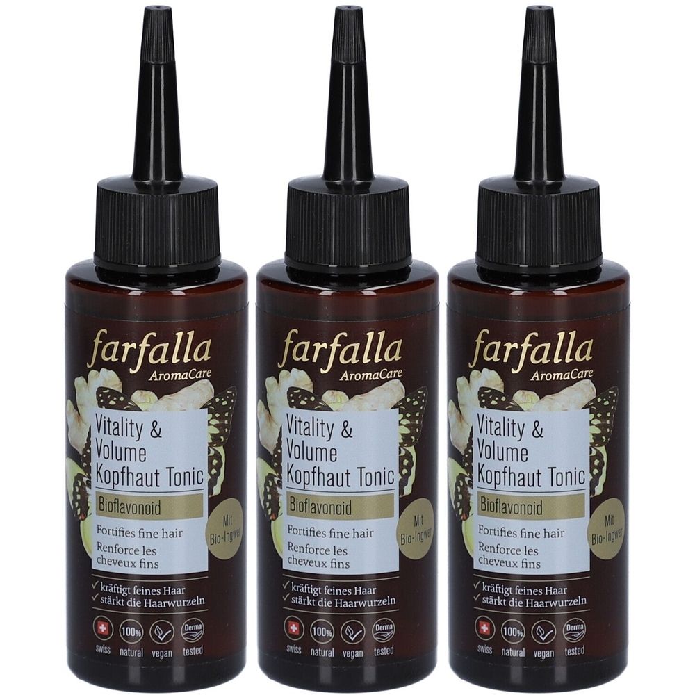 Trois flacons bruns avec bouchons noirs. Inscription: Farfalla AromaCare Vitality & Volume Kopfhaut Tonic. Bioflavonoïde.