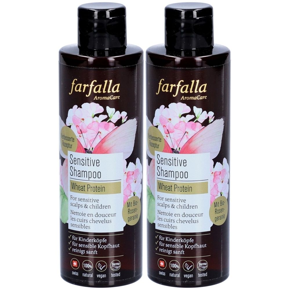 Deux flacons bruns avec bouchons noirs. Inscription: farfalla AromaCare Sensitive Shampoo Wheat Protein. Pour cuirs chevelus sensibles et enfants.
