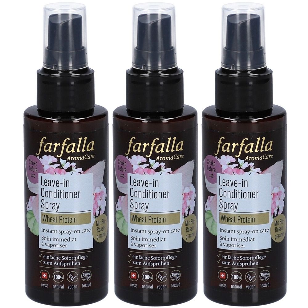 Drie bruine sprayflessen met zwarte doppen. Opschrift: Farfalla Leave-in Conditioner Spray met tarweproteïne. Zwitsers kwaliteitslabel.