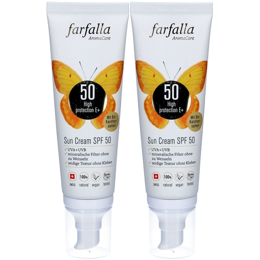 Twee tubes zonnecrème. Opschrift: Farfalla, AromaCare, SPF 50. Vlinder motief en tekst: High protection E+. Zwitserse vlag.