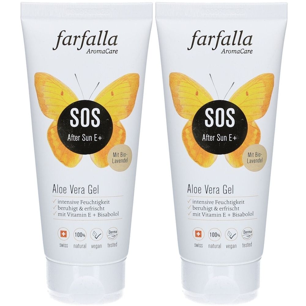 Twee tubes Farfalla After Sun Gel. Witte tubes met gele vlinder en zwarte SOS-cirkel. Tekst: Aloe Vera Gel, Vitamine E.