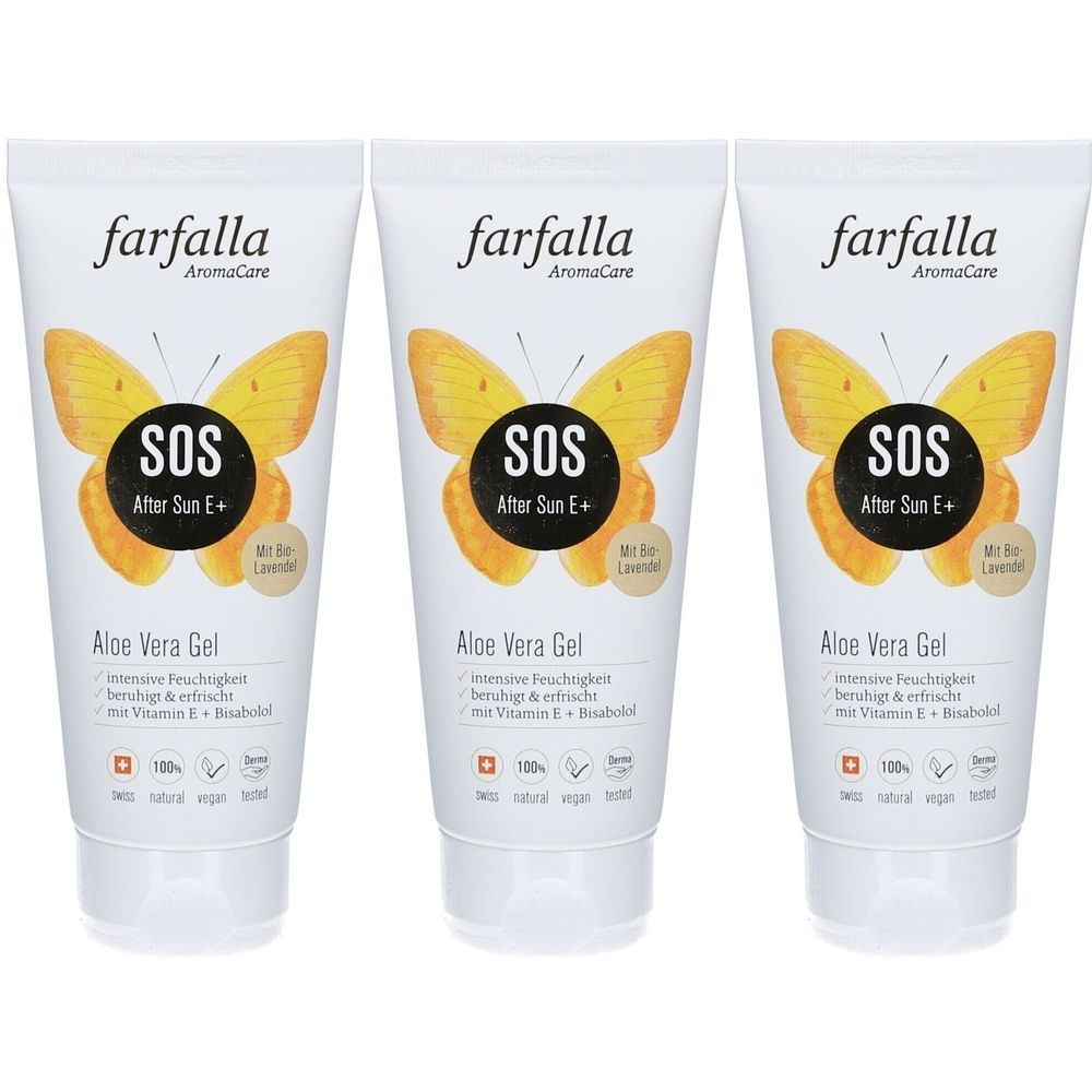 Trois tubes de gel Farfalla SOS Après-soleil E+ Aloe Vera. Tubes blancs avec un papillon jaune. Texte: SOS, Aloe Vera Gel, AromaCare.