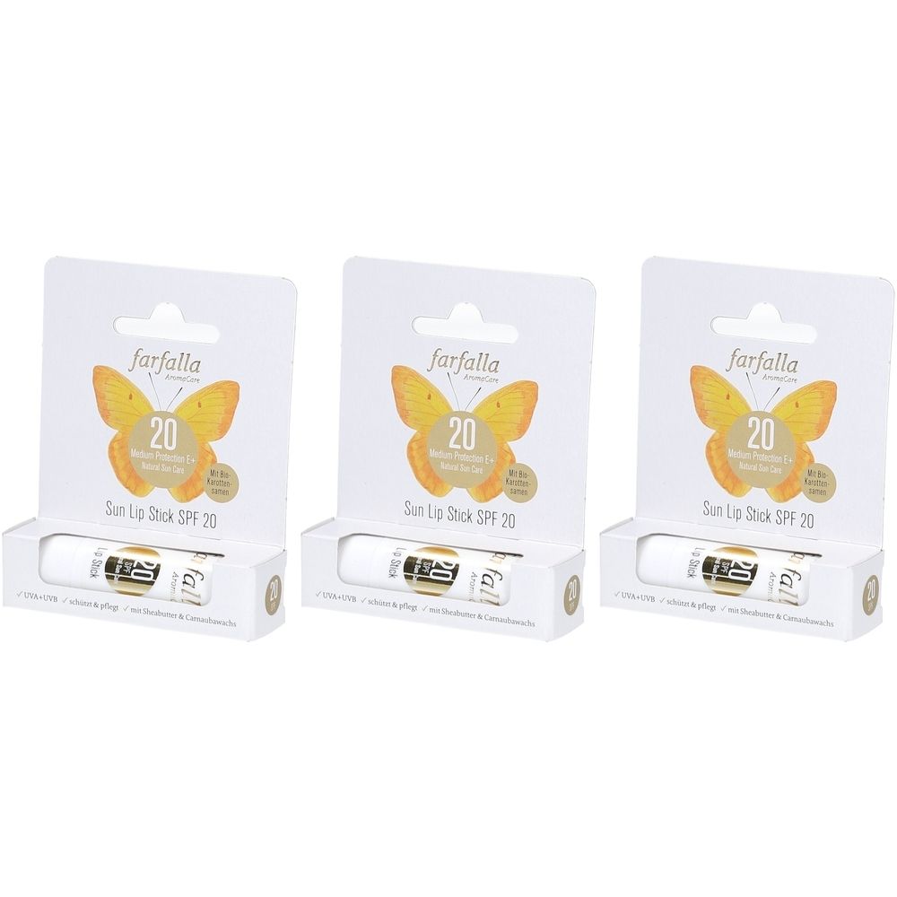 Trois sticks à lèvres dans un emballage blanc. Un papillon et l'inscription "20 Sun Lip Stick SPF 20" sont visibles sur l'emballage.