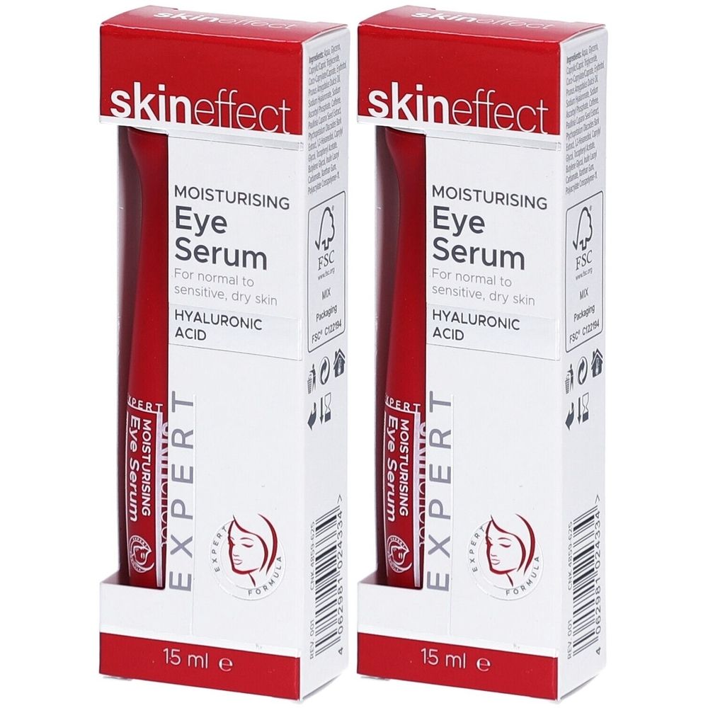 Twee verpakkingen oogserum. Witte verpakking met rode tekst. Opschrift: skineffect, Eye Serum, Hyaluronzuur, 15 ml.