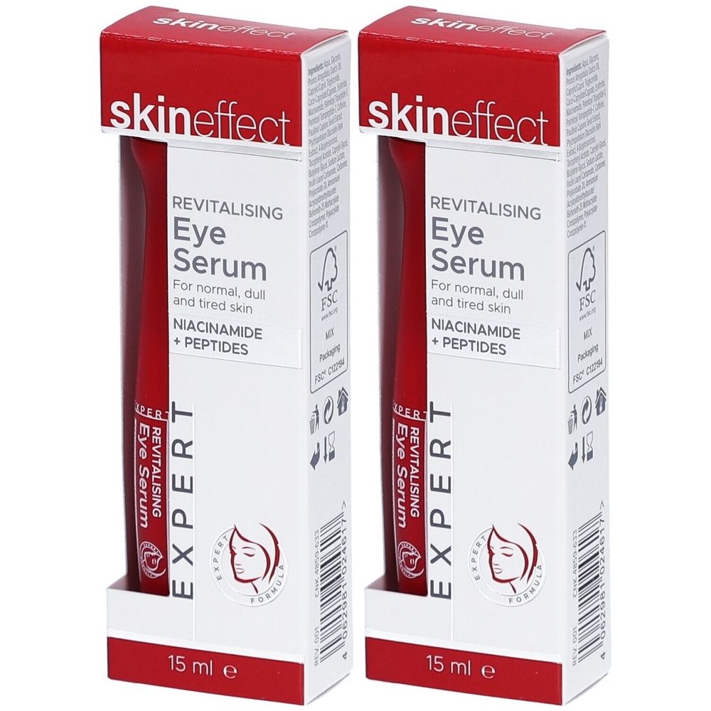 Deux boîtes de sérum pour les yeux. Boîtes blanches avec dessus rouge et texte. Contient de la niacinamide et des peptides. Certification FSC.
