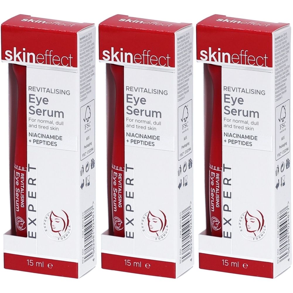 Drie verpakkingen SKINEFFECT Revitaliserend Oogserum. Witte dozen met rode deksel en productinformatie. FSC-certificering.