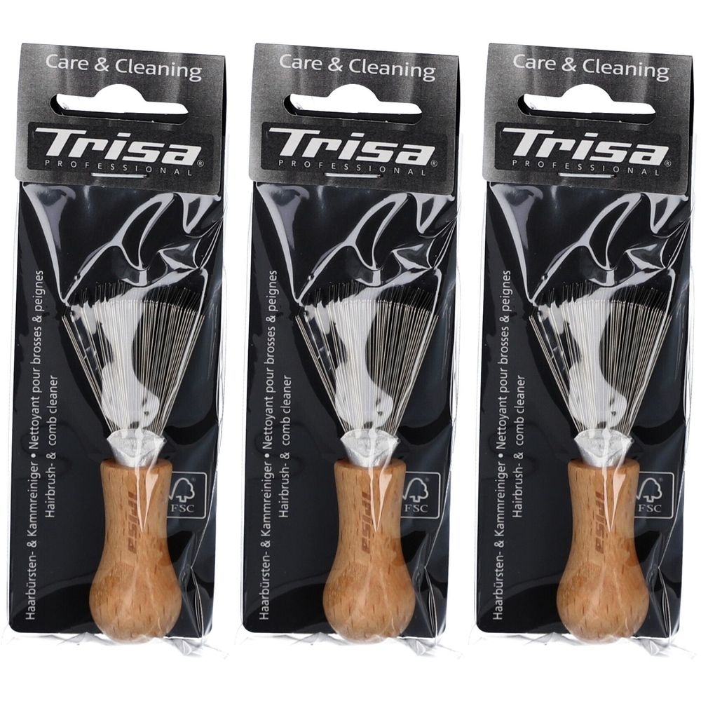 Trois nettoyeurs de brosses et peignes Trisa® emballés. Manche en bois, dents métalliques, emballage noir avec logo et texte. Label FSC.