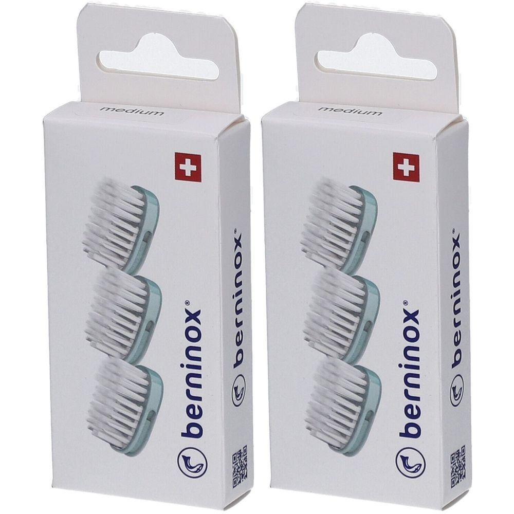 Deux boîtes de trois têtes de brosse de rechange. Inscription : berninox, croix suisse. Dureté moyenne.