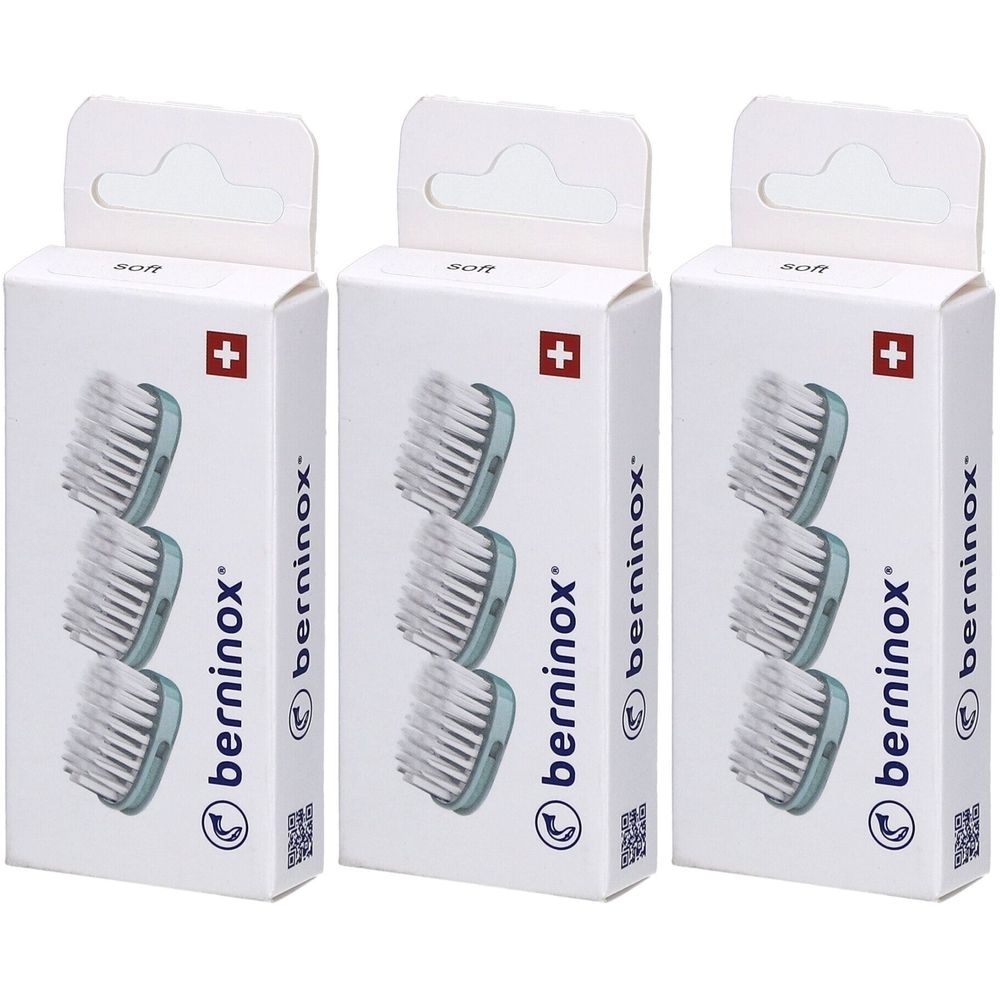 Trois boîtes de rechange pour têtes de brosse. Chaque boîte contient trois têtes de brosse. Marque : berninox, avec croix suisse.