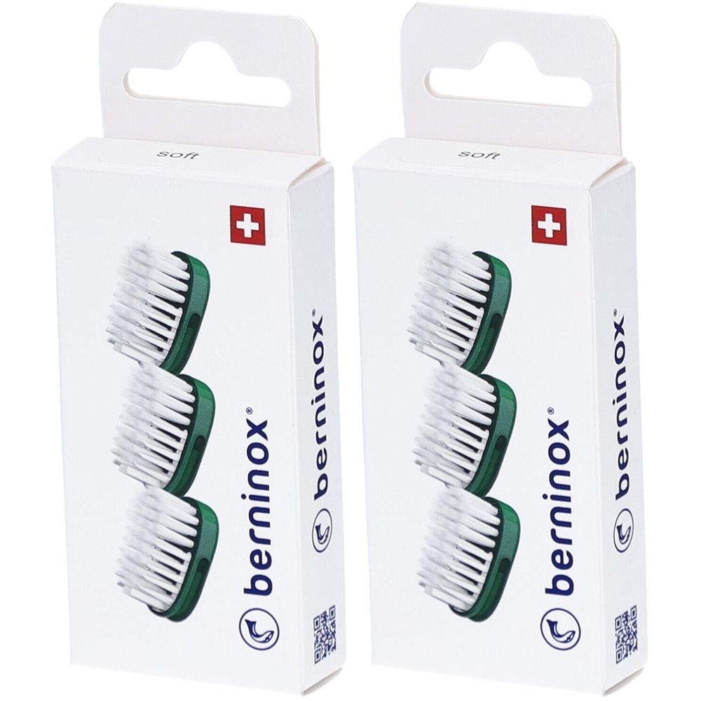Deux boîtes de trois têtes de brosse de remplacement. Soies blanches, support vert. Marque : berninox, croix suisse.