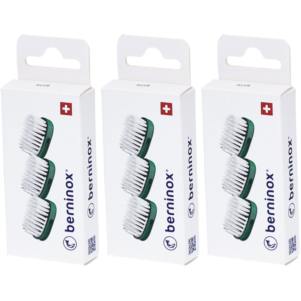 Trois boîtes de rechange pour têtes de brosse. Chaque boîte montre trois têtes de brosse avec des éléments verts et le logo berninox.