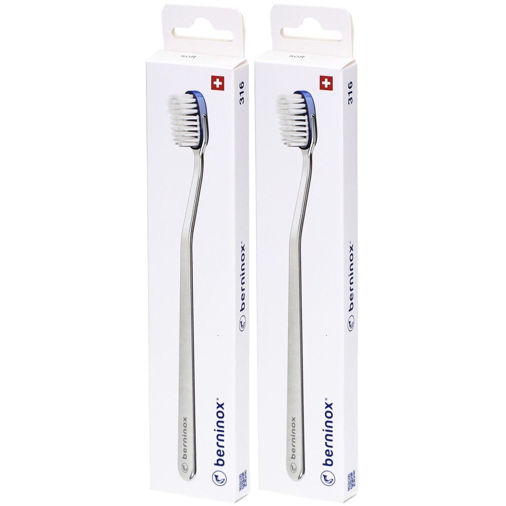 Deux brosses à dents dans des emballages blancs. Les brosses ont des accents bleus et sont visibles dans l'emballage. Le nom de la marque est "berninoX".