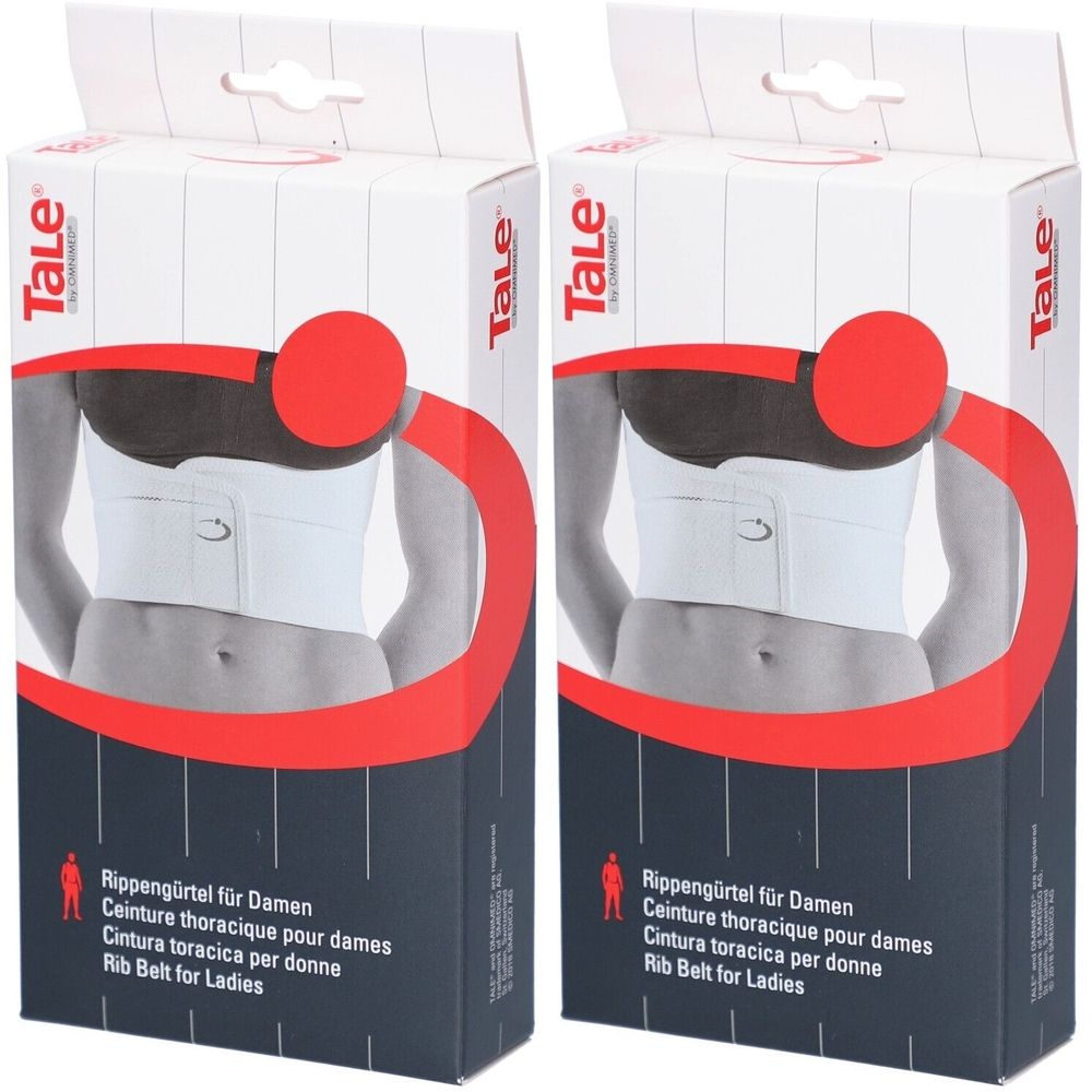 Twee verpakkingen van TaLe. Witte ribgordel met zwarte inzet, verpakt in een doos. Opschrift: Rib Belt for Ladies.