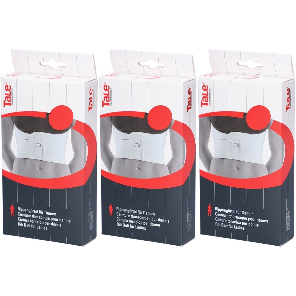 Drie productverpakkingen. Op elke doos is een witte ribgordel afgebeeld. Tekst: TaLe, Ribgordel voor dames.