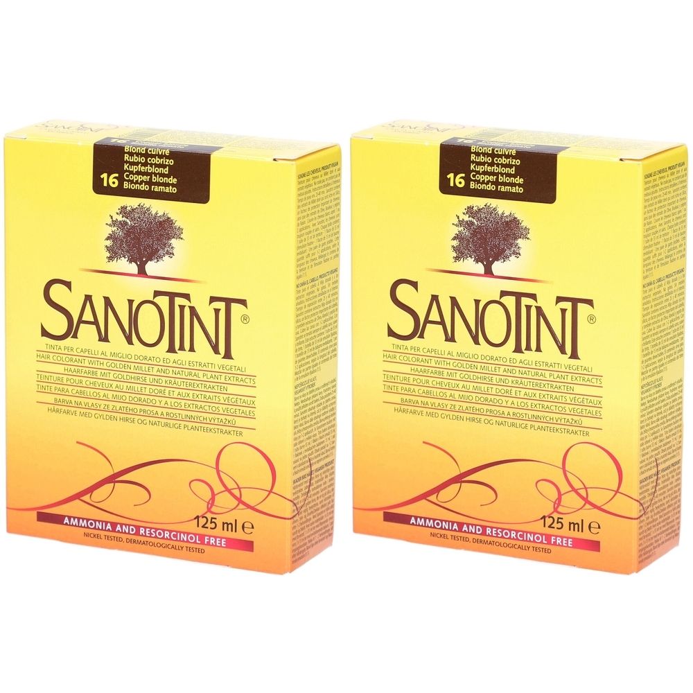 Deux boîtes de teinture capillaire Sanotint n° 16 blond cuivré. Emballage jaune avec nom de produit, logo arbre et texte. 125 ml.