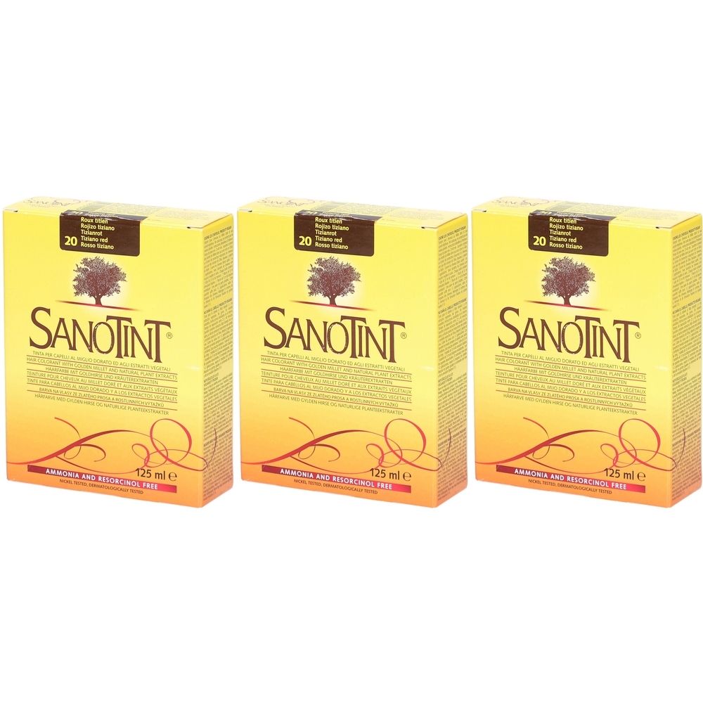 Trois boîtes de teinture capillaire Sanotint. Emballage jaune-orange avec logo arbre. Texte: Sanotint, 20, 125 ml, Ammonia and Resorcinol Free.