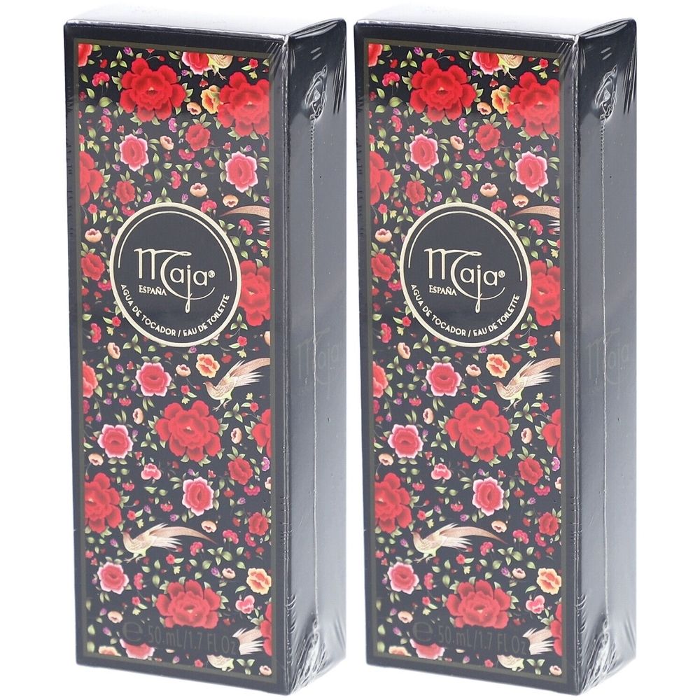 Twee rechthoekige dozen met bloemenpatroon en "Maja" logo. Opschrift: "Agua de Tocador / Eau de Toilette".