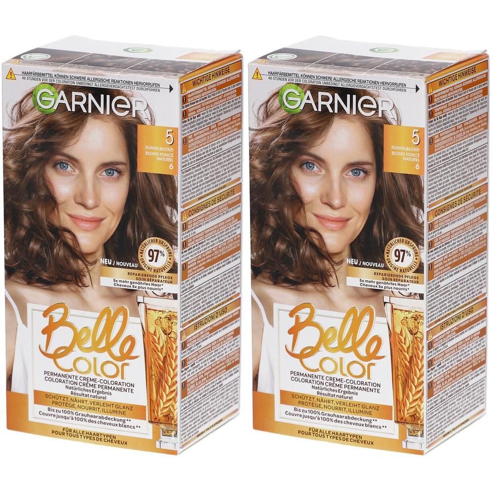 Twee verpakkingen Garnier Belle Color, tint 5 Donkerblond. Afbeelding: vrouw met bruin haar. Verpakking met productafbeelding.