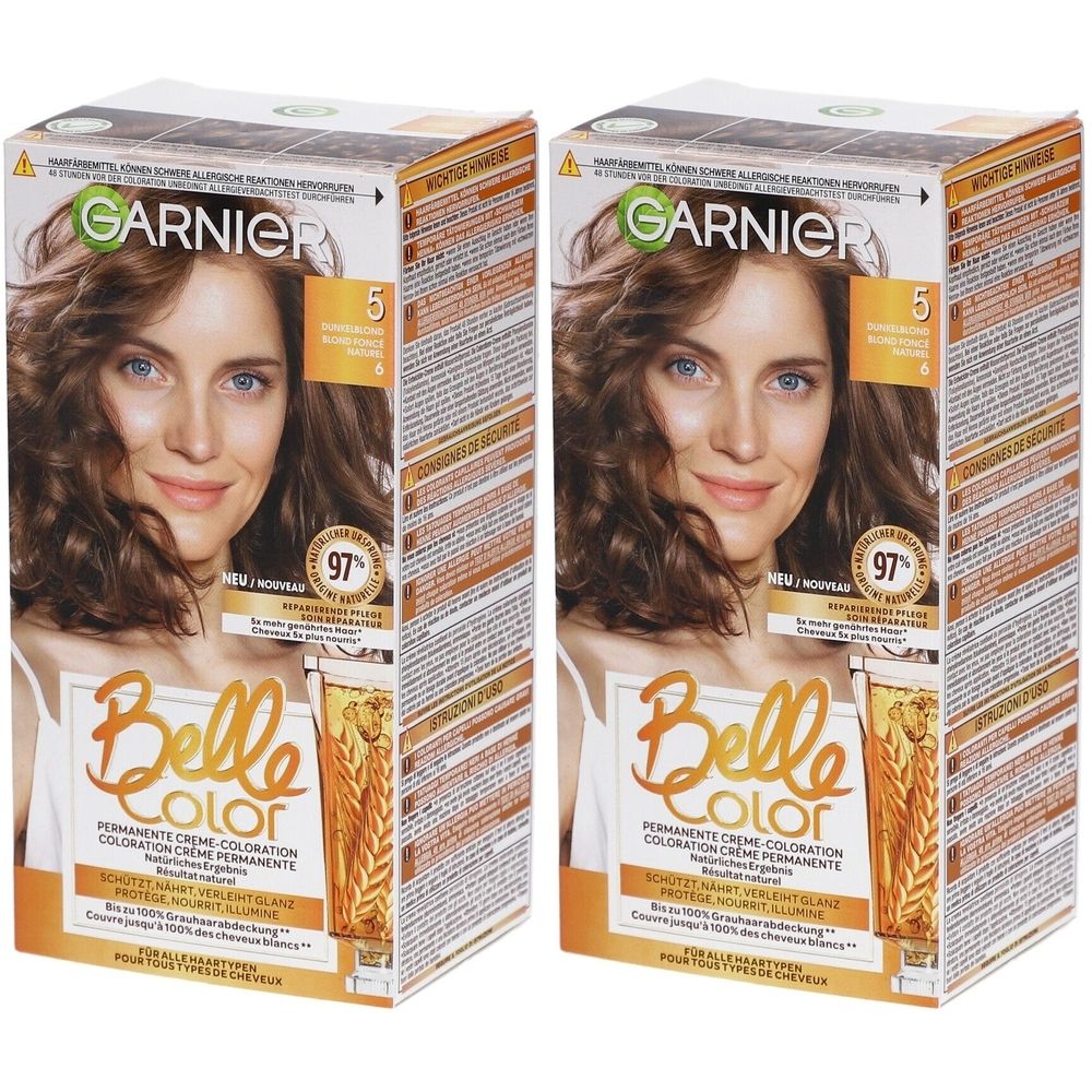 Deux boîtes de Garnier Belle Color, teinte 5 Blond foncé. Impression: femme aux cheveux bruns. Emballage avec image du produit.
